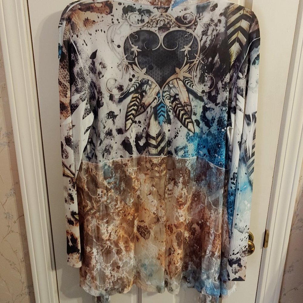Cover Charge lightweight jacket, size L, color ivory, shades of brown & blue